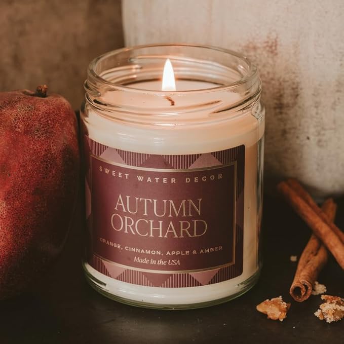 Sweet Water Decor Autumn Orchard Candle, Autumn Scented Notes of Citrus, Cinnamon, & Apples, 40+ Hour Burn Time, Non-Toxic Soy Wax Blend, Poured in The USA, Cotton Wick, 9oz Glass Jar with Gold Lid