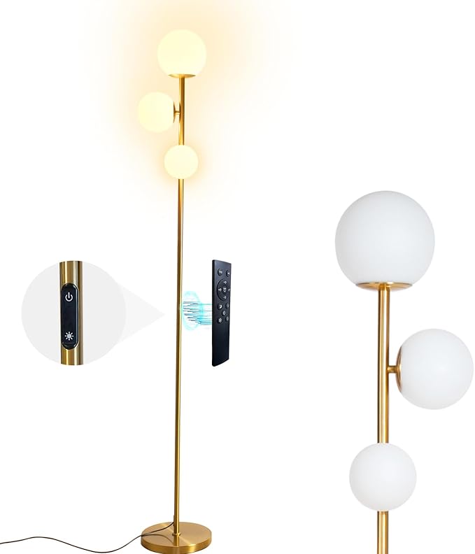 Mid Century Gold Floor Lamp,Dimmable LED Brass Floor Lamp Touch Control with Remote,Vintage Modern 3 Globe Standing Lamp for Corner,Living Room,Bedroom