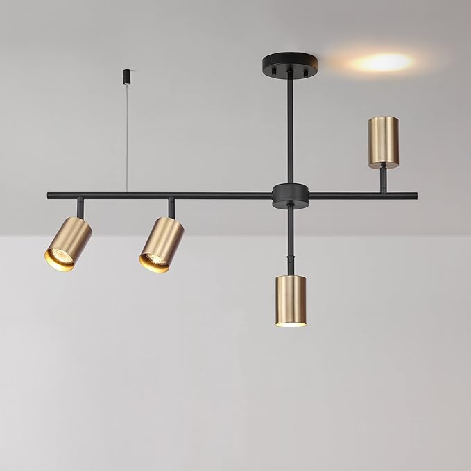 Globe Electric 64000049 4-Light Adjustable Height Geometrical Track Lighting, Matte Black, Matte Brass Accents, Ceiling Light, Pivot Shades, Track Ceiling Light, 4 Bulb Kitchen Light, GU10 Socket