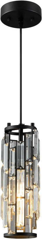 LMQNINE Modern Crystal Pendant Light for Kitchen Island, Adjustable Black Mini Pendant Lighting Fixture with K9 Crystal, E27 Base, Modern Hanging Light for Bedroom Dining Room Bar, 1-Pack