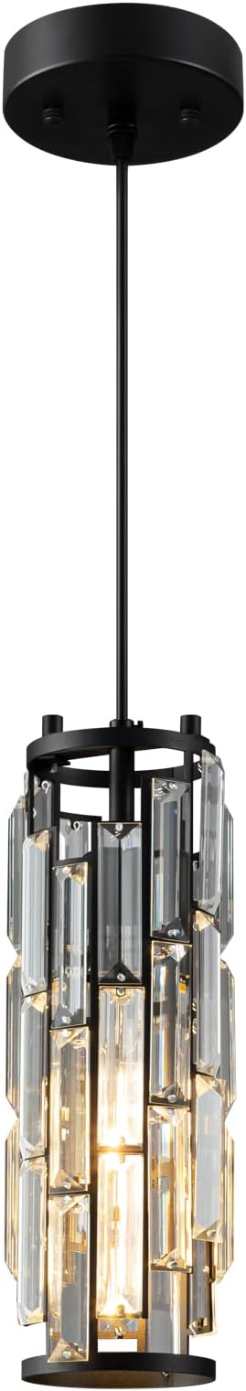LMQNINE Modern Crystal Pendant Light for Kitchen Island, Adjustable Black Mini Pendant Lighting Fixture with K9 Crystal, E27 Base, Modern Hanging Light for Bedroom Dining Room Bar, 1-Pack