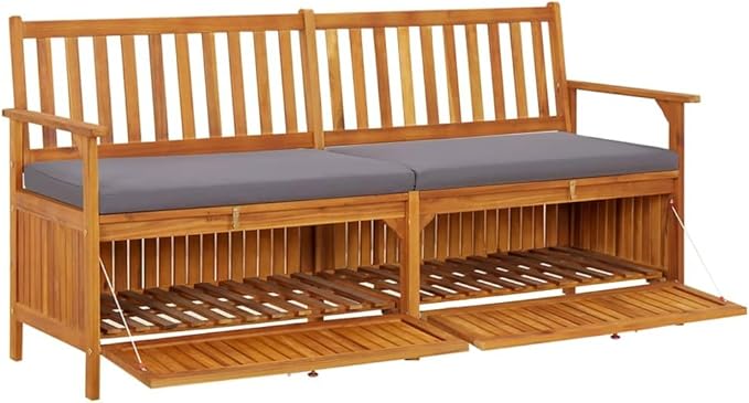 vidaXL Acacia Wood Outdoor Storage Bench Deck Box with Cushion - Solid Wood Patio Furniture, Brown/Dark Gray, 66.9"x24.8"x33.1"