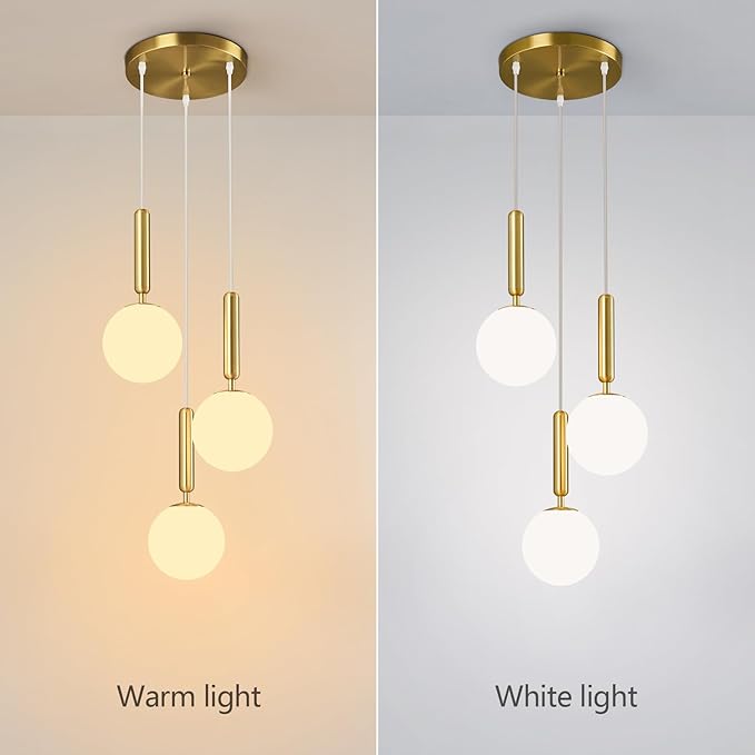 Modern Gold Pendant Light Hanging Fixture Light for Kitchen Island Mid Century with Globe Pendant Light Milk White Glass Pendant Lighting for Living Room Bedroom Entryway (3 Lights)