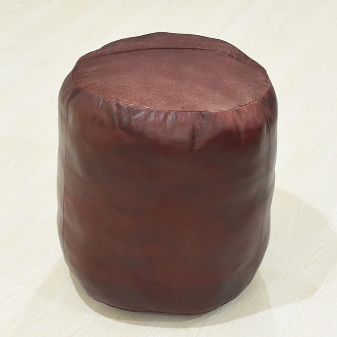 Round Shaped Goat Leather Handmade Eco-Friendly Cherry Pouf - 16" x 16" x 16", Plain Solid, Recycled Foam With Fibre Fill Stuffed, Seating PF12
