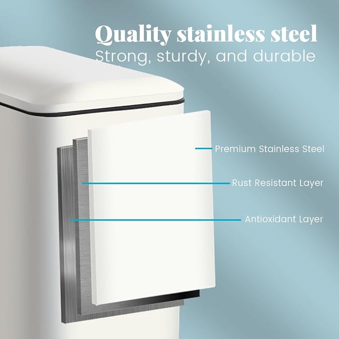 8 Gallon Slim Trash Can with Soft Close Lid, Stainless Steel Trash Can with Removal Inner Bucket, Hand -Free Trash Bin for Kitchen, Office, Laundry, Bathroom, 30 Liter Capacity, White