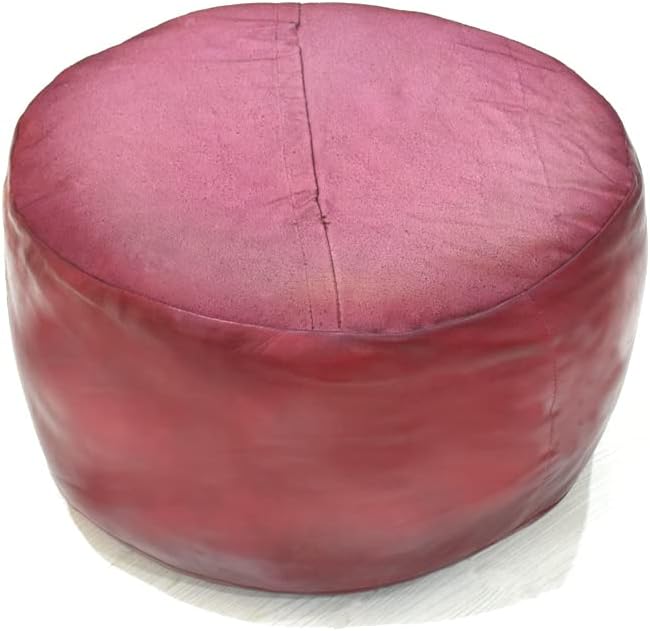 PF12 Round Shaped Goat Leather Handmade Eco-Friendly Dark Pink Pouf - 21" x 21" x 12", Plain Solid, Recycled Foam with Fibre Fill Stuffed