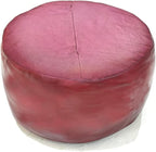 PF12 Round Shaped Goat Leather Handmade Eco-Friendly Dark Pink Pouf - 21" x 21" x 12", Plain Solid, Recycled Foam with Fibre Fill Stuffed