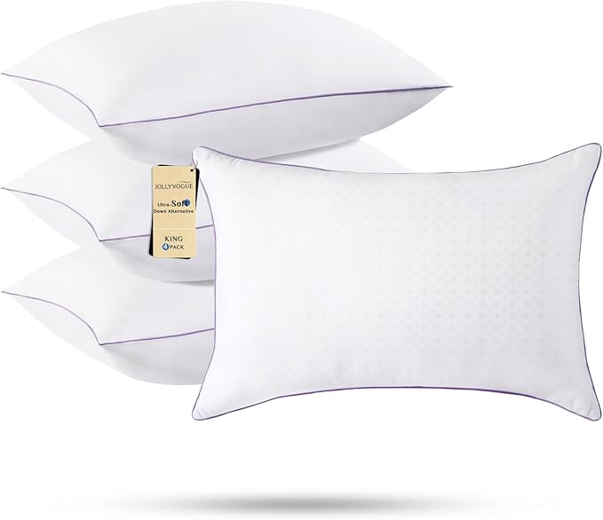 JOLLYVOGUE Pillows King Size Set of 4, Bed Pillows Set of 4, Cooling and Supportive Pillows with Super Soft Down Alternative Fill, Luxury Fluffy Hotel Quality for Side, Back, and Stomach Sleepers