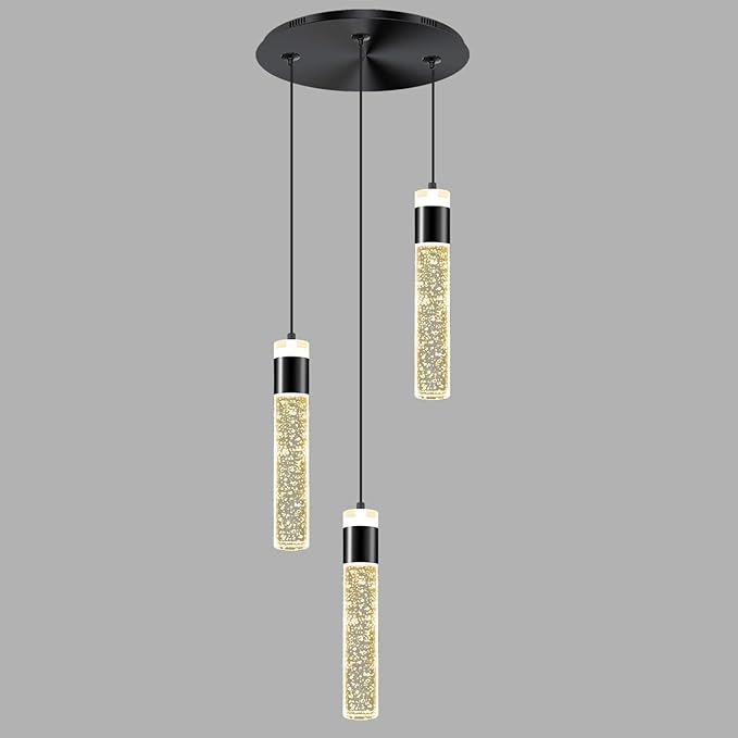 Dimmable 3-Light Pendant Lights Kitchen Island Crystal Hanging Light Modern Black Ceiling Light for Dinning Room Living Room