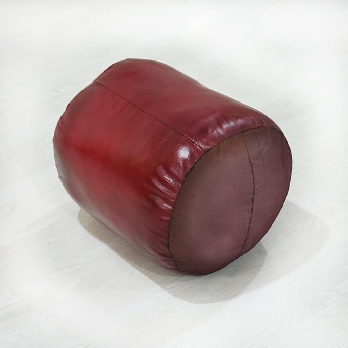 Round Shaped Goat Leather Handmade Eco-Friendly Dark Pink Pouf - Round Pouf, 14" x 14"x 14", Plain Solid Pouf, Goat Leather Pouf, Recycled Foam with Fibre Fill Stuffed Pouf, Leather Pouf PF12