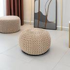 REDEARTH Round Pouf Ottoman - Hand Knitted Cable Boho Poof Home Décor Pouffe Circular Footrest for Living Room - Nursery - Bedroom - Lounge 100% Cotton (18”x18”x14”) - Beige Ivory