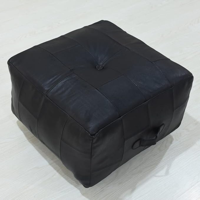 Square Shaped Buffalo Leather Handmade Eco-Friendly Black Pouf - Square Pouf, 21" x 21" x 12", Geometric Pouf, Buffalo Leather Pouf, Recycled Foam with Fibre Fill Stuffed Pouf, Seating Pouf PF25