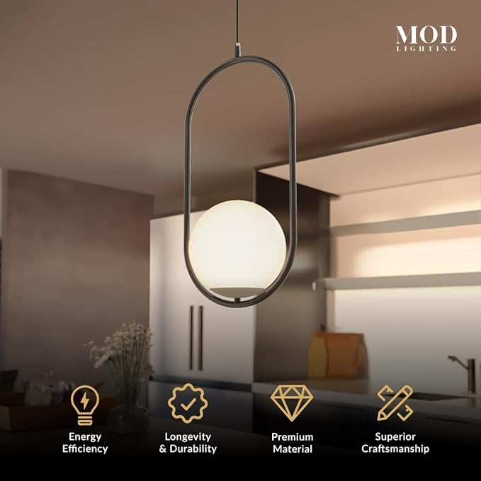 𝗠𝗢𝗗 𝗟𝗜𝗚𝗛𝗧𝗜𝗡𝗚 Jewels & Pearls | Modern Black Pendant Light Fixtures, Hanging Globe Pendant Lights for Kitchen Island Lighting, Dimmable LED Bulb Included, 1 Pack (Black | Warm White | Oval)