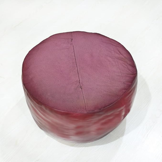 PF12 Round Shaped Goat Leather Handmade Eco-Friendly Dark Pink Pouf - 21" x 21" x 12", Plain Solid, Recycled Foam with Fibre Fill Stuffed