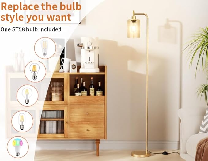 Floor Lamps for Living Room - Standing Lamp with Seeded Glass Shade, Modern Gold Floor Lamp with LED Bulbs, Bright Industrial Floor Lamp for Bedroom, Tall Lamp for Office - Gold