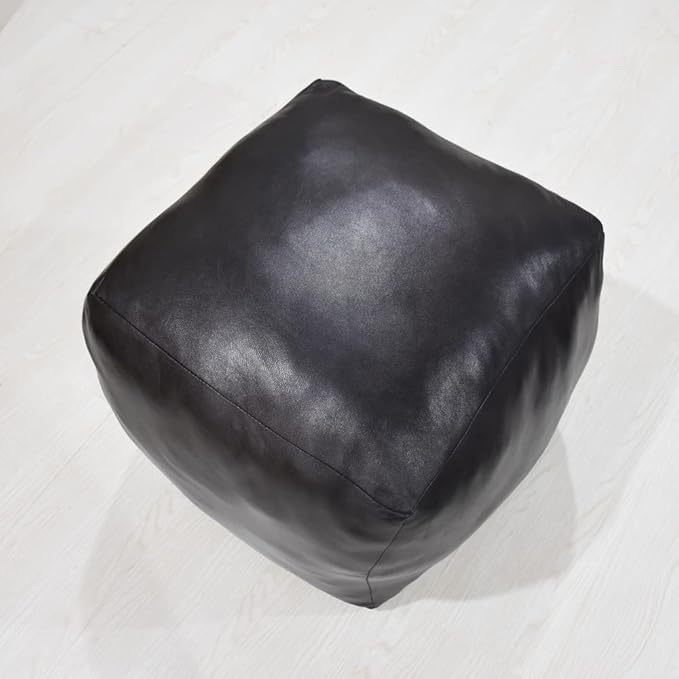 Square Shaped Goat Leather Handmade Eco-Friendly Black Pouf - 18" x 18" x 18", Plain Solid, Recycled Cotton Filled Stuffed Seating PF12