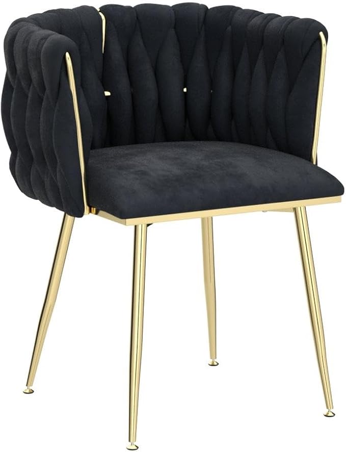 Nrizc Woven Dining Chairs Set of 2, Velvet Upholstered Dining Chairs with Gold Metal Legs, Modern Accent Chairs for Living Room, Dining Room, Kitchen (Black)
