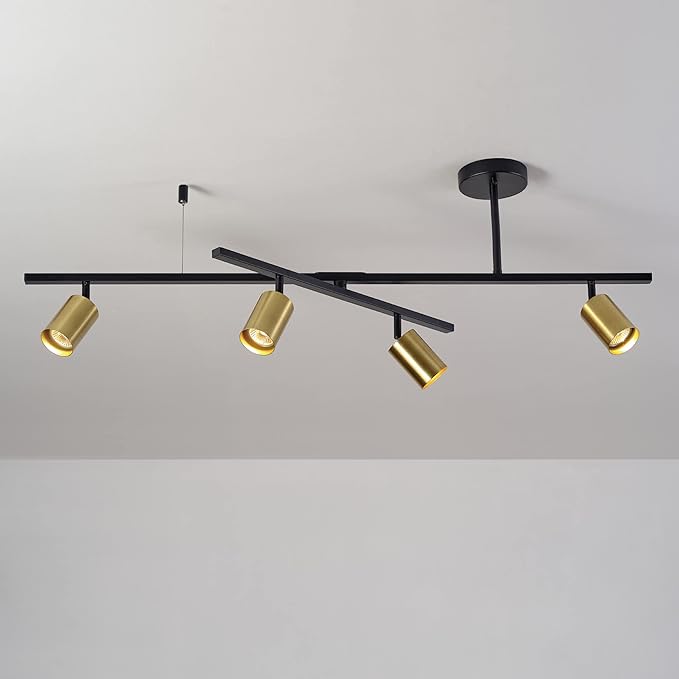 Globe Electric 57501 4-Light Track Lighting, Matte Black, Matte Brass Track Heads, Center Swivel Bar, 4 Bulb Kitchen Light, Ceiling Light Fixture, Track Lighting, Swivel, Bulb Not Included