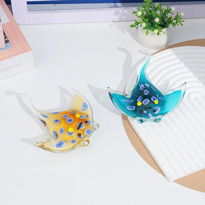 Crystal Ray Fish Figurine Hand Blown Glass Manta Ray Statue Collectibles Ocean Art Sea Animal Home Table Decor Gift Green 4.9''