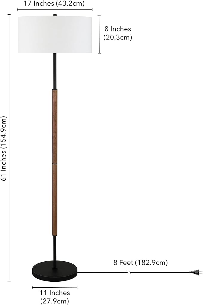 Henn&Hart 2-Light Floor Lamp with Fabric Shade in Blackened Bronze/Rustic Oak/White, Floor Lamp for Home Office, Bedroom, Living Room, 61" Tall