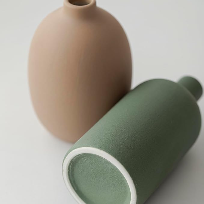 Modern Ceramic Vase Set, Neutral Colors, Decorative Vases for Home Decor, 4 Piece Collection (Green Mix Set 4)