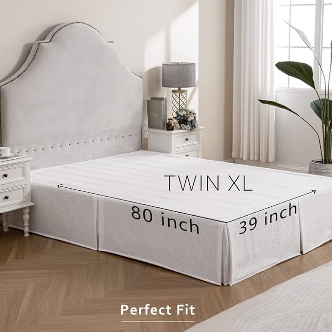 MIYE Pleated Waffle Weave Bed Skirt, Tailored Dust Ruffle 12 Inch Drop Easy Fit, Machine Washable (White, TwinXL - 12" Drop)