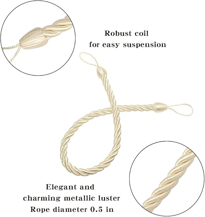 BEL AVENIR Curtain Ropes Tiebacks Tie-Backs, Curtain Handmade Holdbacks with 2 Metal Screw Hooks (Beige, 2pack)