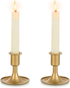 Gold Taper Candle Holder Set of 2, Hewory Short Skinny Brass Candlestick Holders, Vintage Small Low Metal Candles Sticks for Wedding Centerpieces Christmas Birthday Party Holiday Dinning Table Decor