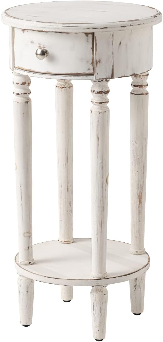 HOMPUS Vintage Round End Table with Lower Shelf, No Assemble Required Farmhouse Night Stand, Tall End Table with Drawer, White Nightstand Bedside Table for Bedroom, Small Spaces, Distressed Off-White