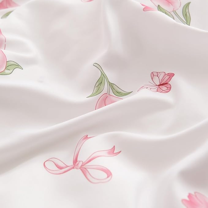 Floral Comforter Set King Size - 3 Pieces Pink White Floral Tulips Bow Comforter Bedding Sets Reversible Pattern,King Bed in a Bag with Flowers Comforter and 2 Pillowcases