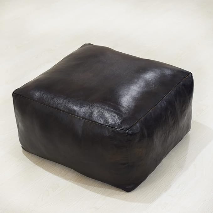Square Shaped Goat Leather Handmade Eco-Friendly Chocolate Brown Pouf -Square Pouf, 21"x21"x12", Plain Solid Pouf, Goat Leather Pouf, Recycled Foam with Fibre Fill Stuffed Pouf, Leather Pouf PF12