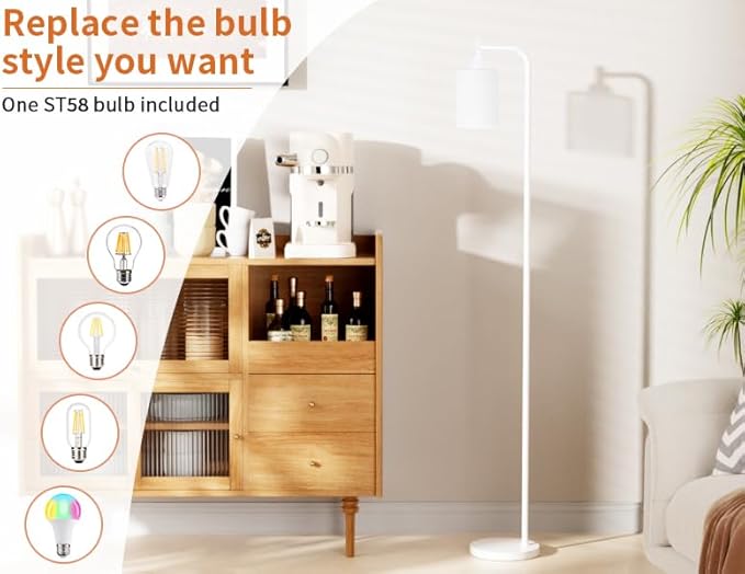 Floor Lamps for Living Room - Industrial Standing Lamp with Glass Shade, Modern White Floor Lamp with LED Bulbs, Farmhouse Floor Lamp for Bedroom, Tall Lamp for Office - White