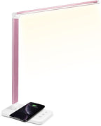 LED Desk Lamp with Wireless Charger, USB Charging Port, Desk Lighting with 10 Brightness, 5 Color Modes, Dimmable Eye Caring Reading Desk Lamps for Home Office, Touch Control, Auto Timer, Pink
