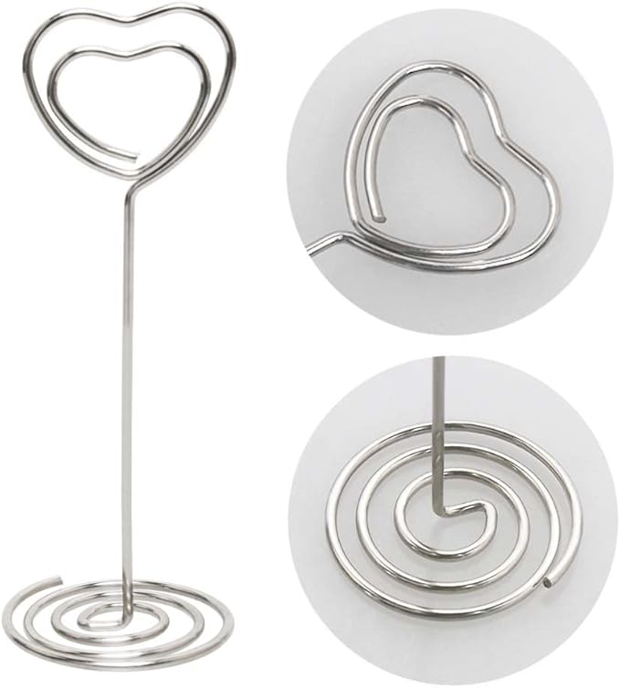 Table Number Card Holders Place Card Holder, 25 Pack Picture Holders for Tables, Heart Shape Photo Number Stands Menu Paper Card Clips for Wedding Party, Office, Restaurant (Silver)