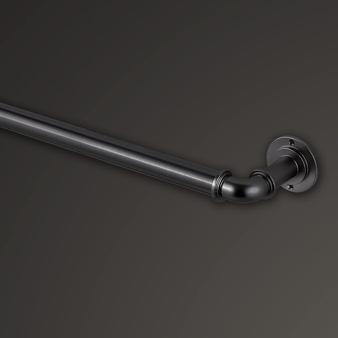 MODE Industrial Room Darkening Collection 1 1/8” diameter Industrial Curtain Rod Set with Steel Wall Mounted Expandable Curtain Rod, Blocks Light, Fits 16” to 32” Windows, Graphite