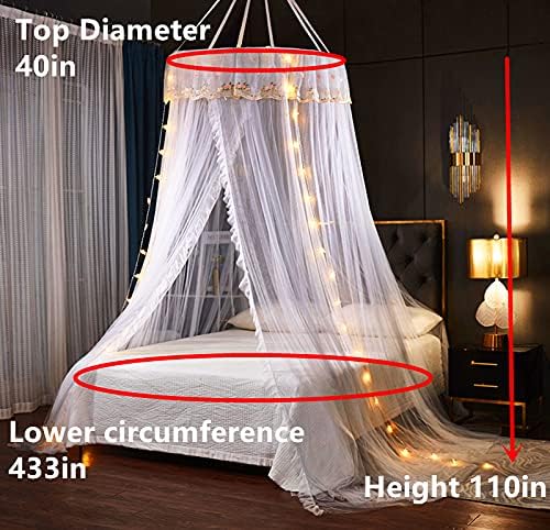 VETHIN Princess Bed Canopy for Girls Double Layer Sheer Mesh Dome Elegant Embroidery Lace Mosquito Net Bed Curtain for Full Queen King Bed with led Stars String Lights(Grey/White)