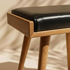 Walnut Ottoman Stool for Living Room | Upholstered in Faux Black Leather Fabric | Versatile as a Piano Bench | Ideal Bedroom Bench | Functional Footstool Bench