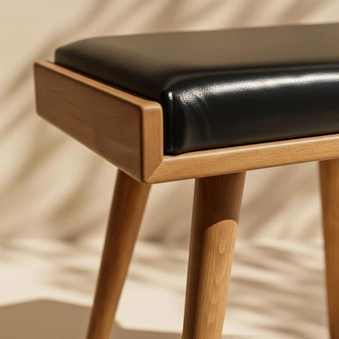 Walnut Ottoman Stool for Living Room | Upholstered in Faux Black Leather Fabric | Versatile as a Piano Bench | Ideal Bedroom Bench | Functional Footstool Bench
