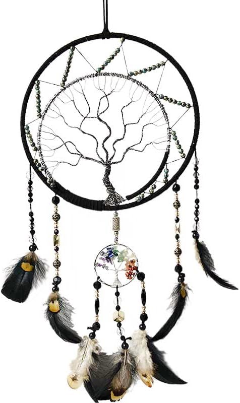 Pretty Jolly 7 Chakras Tree of Life Dream Catcher Wall Decor with Rainbow Healing Crystal Stone Handmade Black Feather DreamCatchers Wall Hanging Ornaments for Bedroom Home Decor Bless Gift Wedding