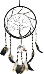 Pretty Jolly 7 Chakras Tree of Life Dream Catcher Wall Decor with Rainbow Healing Crystal Stone Handmade Black Feather DreamCatchers Wall Hanging Ornaments for Bedroom Home Decor Bless Gift Wedding
