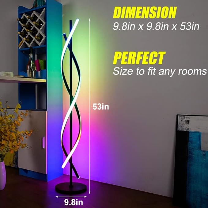 LENIVER RGB Spiral Floor Lamp, Unique LED Corner Lamp Standing Lamp with Remote Control, Dimmable Color Changing Mood Lighting for Living Room, Bedroom, Gaming Room - Black