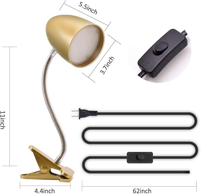 Energetic Clip on Lamp for Bed, Non-Dimmable Reading Light for Bed and Desk, 4000K Cool White, 3.5W 240 LM Flexible Gooseneck lamp, Eye Protection, ETL Listed, Gold