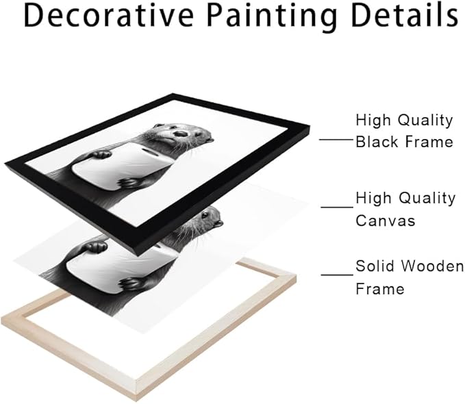 Funny Bathroom Wall Decor Framed Black and White Bathroom Wall Art Toilet Paper in Little Funny Raccoon's Hand Animal Canvas Print Painting Artworks