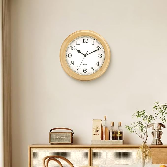 Wooden Analog Wall Clock, 11 inches Round Wall Clocks Battery Operated Silent Non-Ticking, Large Roman Numerals, Traditional Design for Kitchen Living Room Classroom Gym, Natural Grain