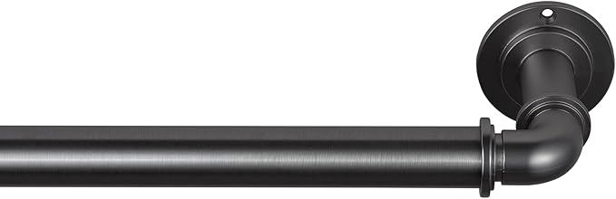 MODE Industrial Room Darkening Collection 1 1/8” diameter Industrial Curtain Rod Set with Steel Wall Mounted Expandable Curtain Rod, Blocks Light, Fits 72” to 144” Windows, Graphite