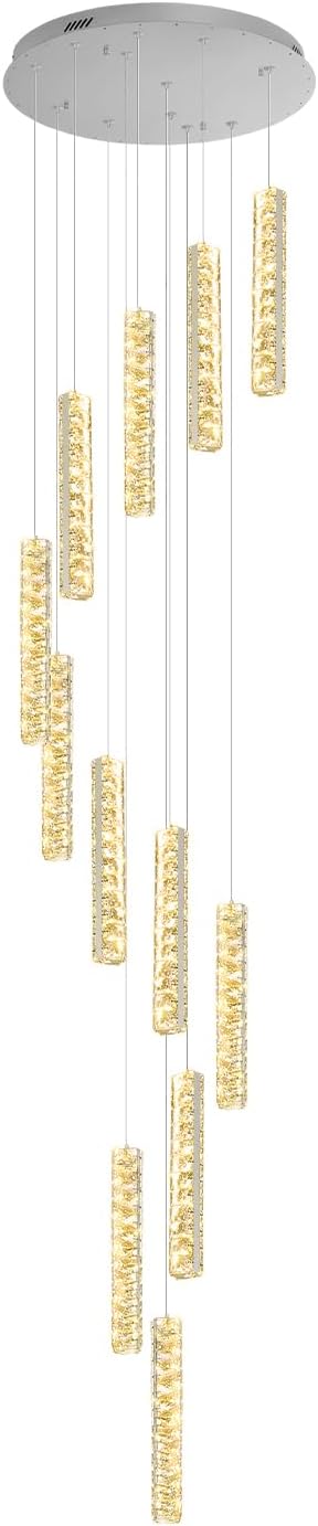 Long Spiral Crystal Chandelier Lighting for Foyer Silver 12-Light Staircase Chandelier High Ceiling Slopped LED Dimmable 2700K-6000K