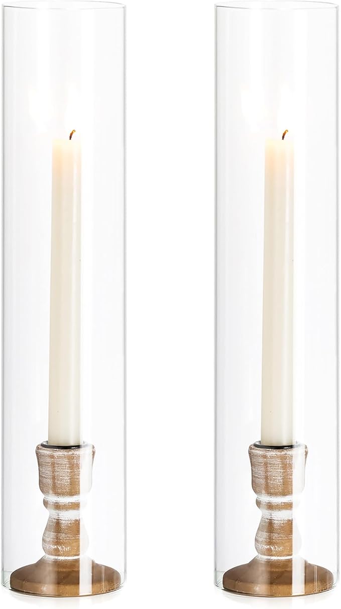 NUPTIO Wooden Candle Stick Holders: 2 Pcs Hurricane Taper Candle Holder 14 inch Rustic Wood Candlesticks Holder with Open Ended Cylinder Shape Cover for Outdoor & Indoor Wedding Party Centerpiece