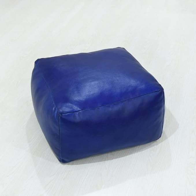 Square Shaped Goat Leather Handmade Eco-Friendly Blue Pouf - 21" x 21" x 12", Plain Solid, Recycled Foam with Fibre Fill Stuffed, Seating Pouf PF12