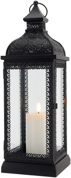 TRIROCKS Rustic Style Metal Candle Lantern 19'' High Decorative Hanging Lantern Candle Holder with Tempered Glass for Christmas Living Room Garden Yard Patio Parties Events Indoors Outdoors(Black)