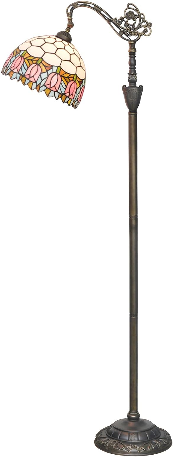 Tiffany Floor Lamp Pink Tulip Stained Glass Gooseneck Floor Light 63 inches Handcrafted Tiffany Style Standing Lamp with Angle Adjustable Lampshade for Reading Working Home Decoration